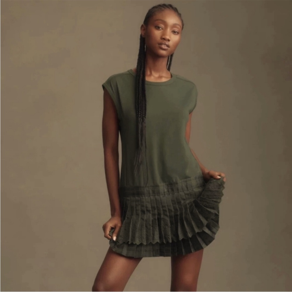 Pleated-Hem Mini Dress in Olive Green
